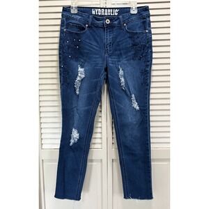 Hydraulic Skinny Denim Jeans Size 10 Mid Rise‎ Zip Gems Embroidered Raw Hem